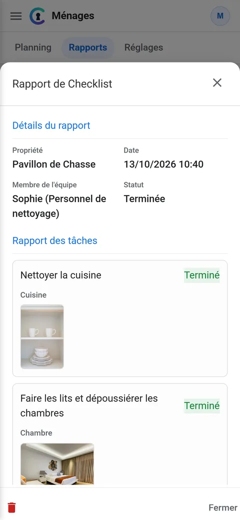 Rapport de ménage sur téléphone : tâches terminées et photos