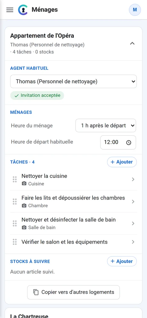 Réglages d'un logement sur téléphone : agent habituel, heure du ménage, tâches avec photo