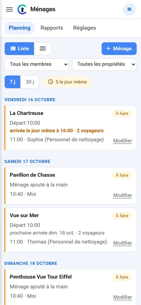 Planning des ménages de la semaine sur un téléphone